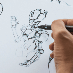 Image of an individual holding a pen, sketching a robotic figure.