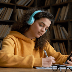 Image of a student wearing headphones and studying in a library.