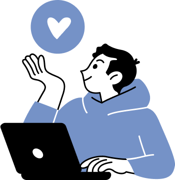 Illustration of a person sitting at a computer holding up a heart shape.